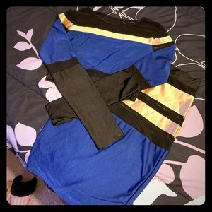 BLUE/gold/mesh crop top midi skirt two piece